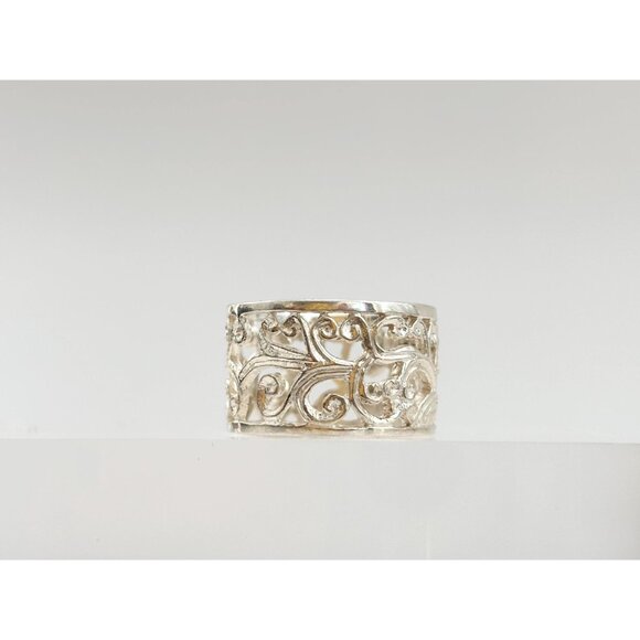 Ornate Cutout Floral Straight Chunky 925 Sterling Silver Vintage Ring - sz 6 - Picture 3 of 11